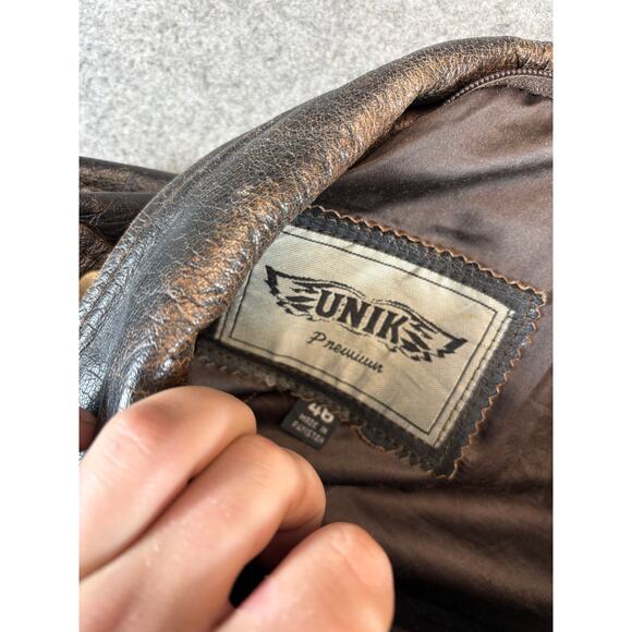 VINTAGE Unik Biker Leather Jacket Men Size 46 Brown USA Flag Embossed Motorcycle - Picture 9 of 10